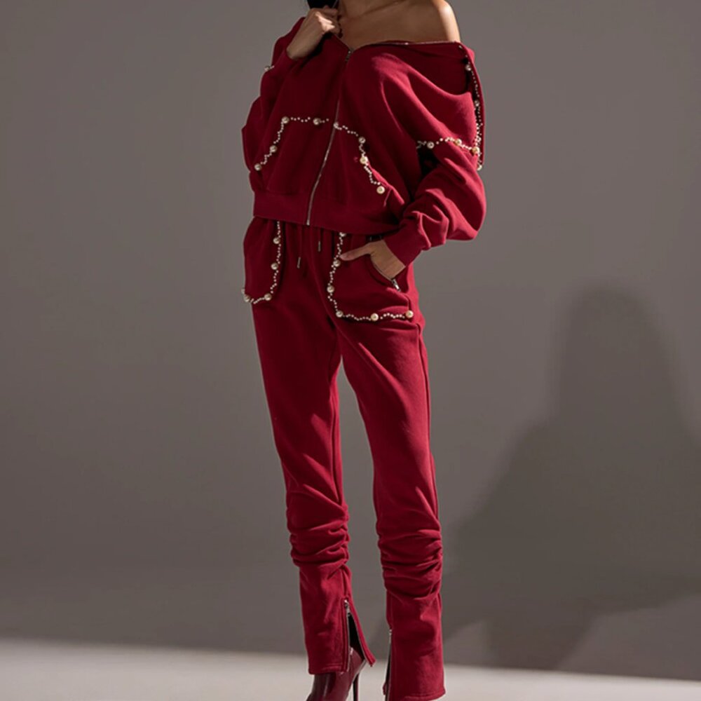 Akira Cozy Holiday Pearl Zip Up Sweatshirt and Jogger Pants Set